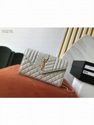 SAINT LAURENT MONOGRAM CHAIN WALLET IN MIX MATELASSE GRAIN DE POUDRE EMBOSSED LEATHER 620280 STONE GREY&GOLD