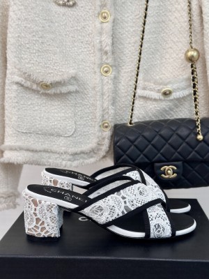 Chanel 6.5cm Mesh Lace Camellia Cross Slide White