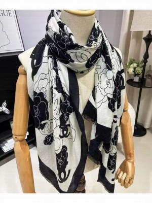 Chanel Women's Camellia Print Long Scarf White