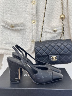 Chanel Slingback 9cm Printed Lambskin & Patent Calfskin Black 2025