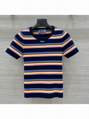 Prada Cotton Striped T-Shirt Navy Blue/Multicolor 2025