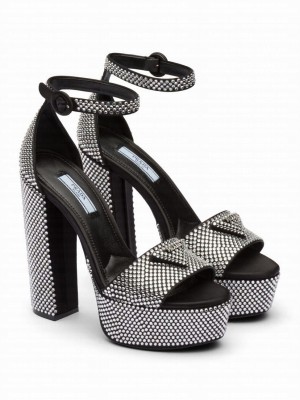 Prada Women's Satin Platform Sandals With Crystals 1XP53B Black