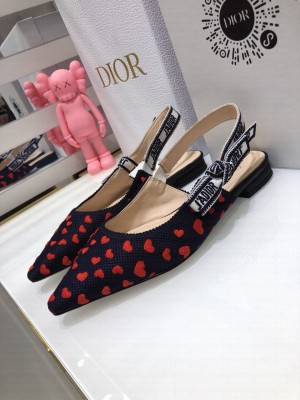 Dior J'Adior Slingback Ballerina Flat in Navy Blue and Red Hearts I Love Paris Embroidered Cotton 2021 Collection 
