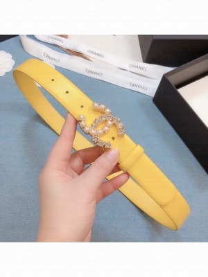 Chanel Calfskin Belt 30mm with Crystal and Pearl CC Buckle Yellow/White  2021 Collection