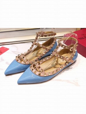 Valentino Rockstud Caged Ankle Strap Ballet Flats Ballerinas in Patent Leather Blue