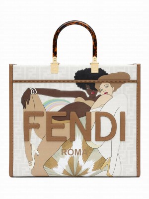 Fendi Sunshine Medium FF Fabric Shopper 8BH386 White