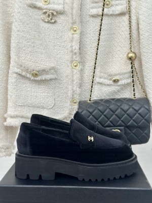 Chanel Women's Platform Velvet Moccasins Loafer Black 2024
