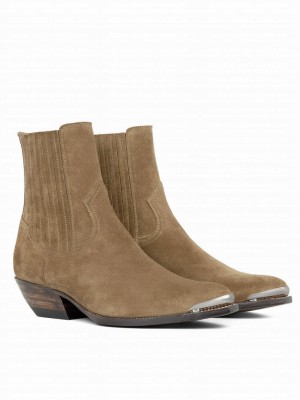 Celine Women's Cruiser Boots Chelsea Boot With Metal Toe In Suede Calfskin Apricot