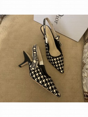 Dior J'Adior Slingback Pumps 6.5cm in Cotton Embroidery with Micro Houndstooth Black/White 2022 Collection