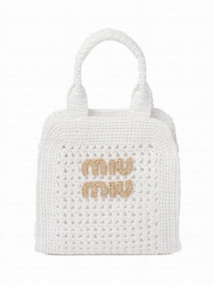 Miumiu Raffia-effect Crochet Fabric Tote Bag 5BA283 White