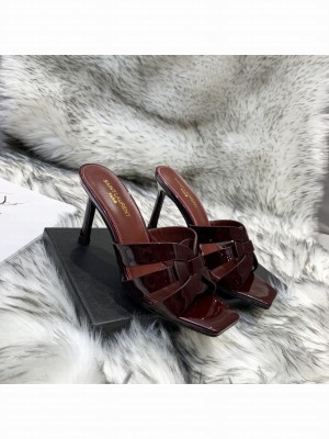 Saint Laurent YSL Patent Leather Slide 10cm Burgandy 02 2021 Collection