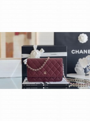 Chanel Grained Calfskin Classic Wallet on Chain WOC Burgundy/Light Gold 2024 Top Quality