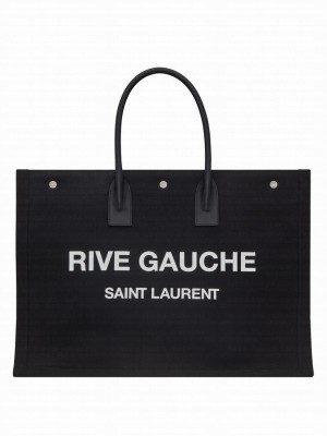 Saint Laurent Rive Gauche Tote Bag In Linen And Leather 499290 Black