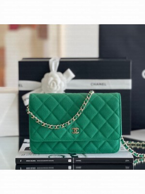 Chanel Grained Calfskin Classic Wallet on Chain WOC Green/Light Gold 2024 Top Quality