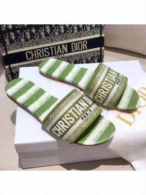Dior Dway Flat Slide Sandals in Green D-Stripes Embroidered Cotton Spring/Summer 2021 Collection 40