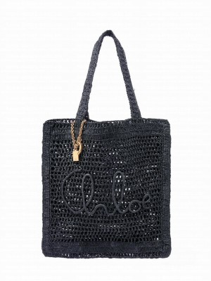 Chloe Summer Banana Tote Bag In Raffia Black