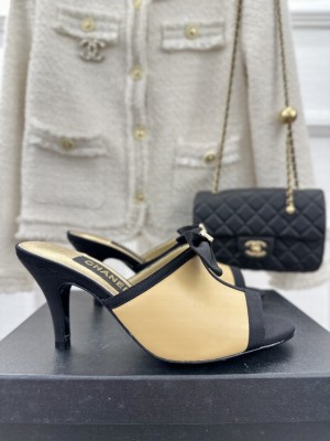 Chanel Peep toe Heel 8cm Lambskin Mule Beige