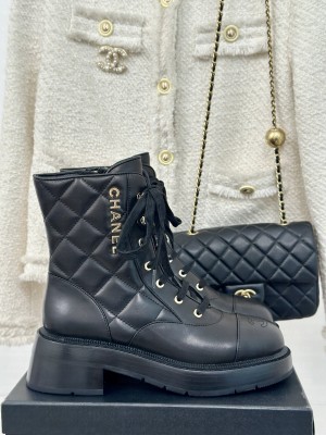 Chanel Women's 5cm Quilted Calfskin Lace-up Boots Black