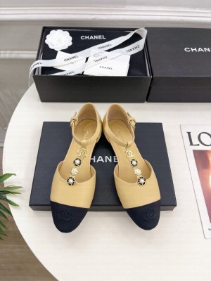 Chanel Lambsink & Grosgrain Camellia T-Strap Mary Janes Flat Sandals Beige 2025