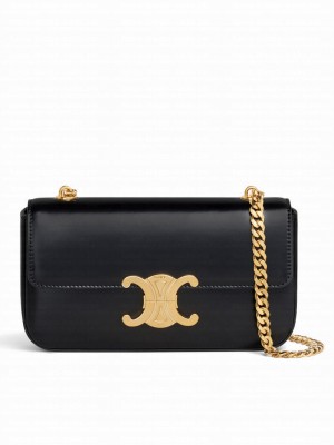 Celine Chain Shoulder Bag Triomphe In Shiny Calfskin Black