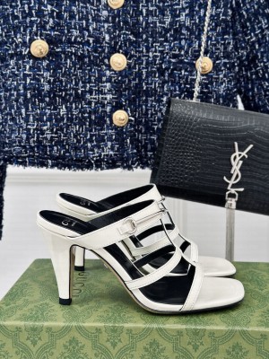 Gucci Slim Horsebit Leather Heel Slide Sandals white
