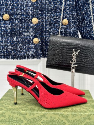 Gucci Satin Slingback Pumps 8.5cm with Crystals Red