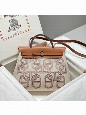 Hermes Herbag 31CM Original Canvas Print Leather & Calfskin 48887 Cream&Brown