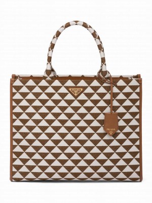 Prada Large Prada Symbole Jacquard Fabric Handbag Coffee
