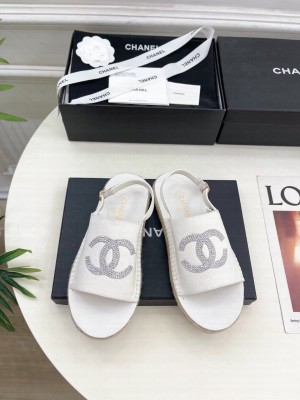 Chanel Canvas CC Rhinestone Espadrilles Slide Mules White 2025