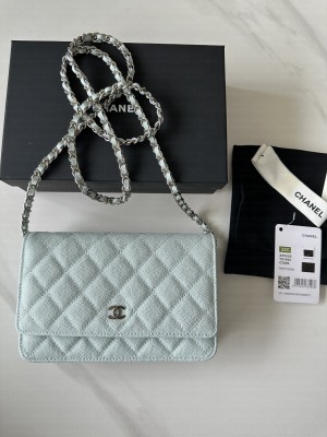 Chanel Caviar Leather & Silver-Tone Metal Wallet On Chain WOC Bag A33814 Light Blue