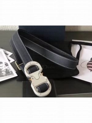 Dior Width 2.5cm Belt with Round CD Buckle in Grained Calfskin Navy Blue 2019