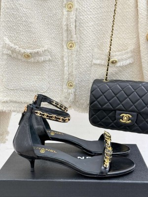 Chanel Calfskin Heel Sandals 3.5cm with Logo Charm Black 2025