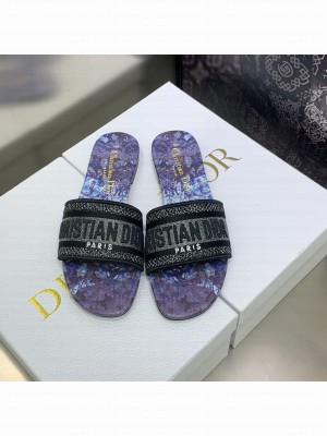 Dior Dway Flat Slides Dark Blue Embroidered Cotton  2023 Collection 24