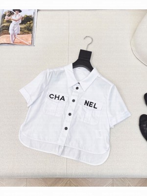 Chanel Women's Lettering Embroidered cropped Shirt White