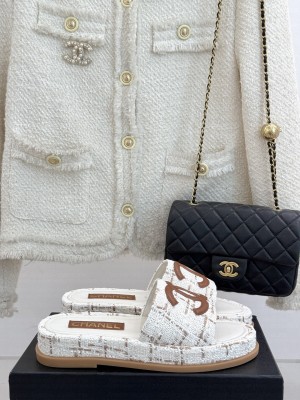 Chanel Tweed CC Logo Slide Mule White 2025