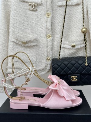 Chanel Silk Flat Sandals with Maxi Bow and Pearls Pink 2024 G45813
