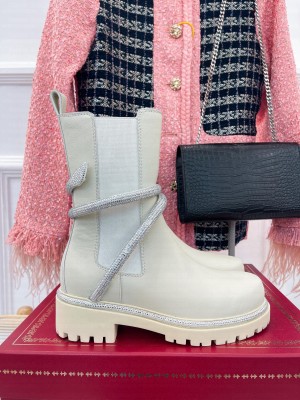 René Caovilla Snake-Embellished Round-Toe Ankle Boots White