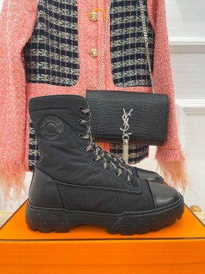 HERMES FRESH ANKLE BOOTS IN CALFSKIN AND LIGHT PARACHUTE FABRIC BLACK