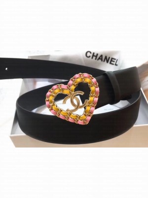 Chanel Width 3cm Chain Heart CC Logo Buckle Leather Belt Black/Pink/Yellow