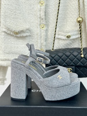 Chanel 12cm Wool Platform G45740 Sandals Grey 2024 