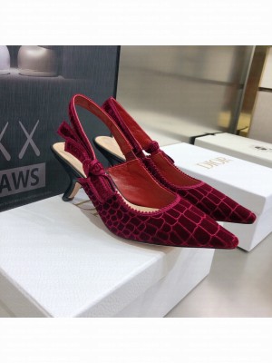 Dior J'Adior Slingback Pumps 6.5cm in Red Crocodile-Effect Embroidered Velvet 2021 Collection