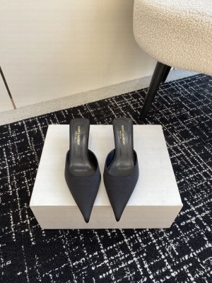 Saint Laurent Melody Pointed Toe Satin Mules Black