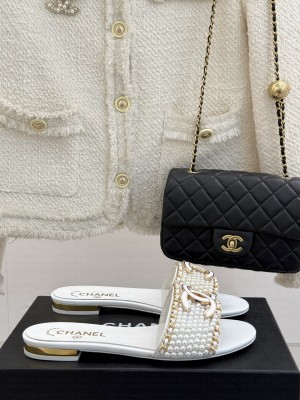 Chanel Pearls and Chain Flat Slides Sandal White 2025