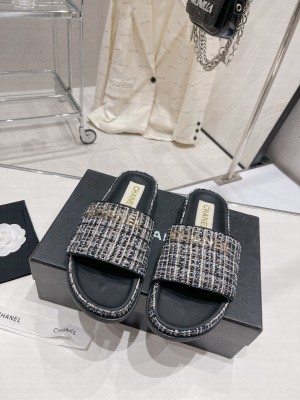 Chanel Tweed Flat Slide Sandals 2023SS Black