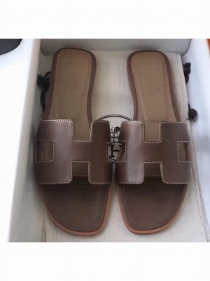 Hermes Oran Flat Slipper Sandals in Swift Box Calfskin Coffee