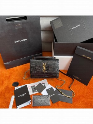 Yves Saint Laurent SUNSET SMALL CHAIN BAG IN CROCODILE EMBOSSED SHINY LEATHER Y533036A BLACK