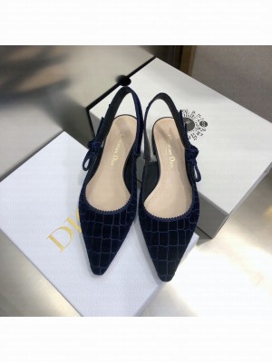 Dior J'Adior Slingback Flat in Navy Blue Crocodile-Effect Embroidered Velvet 2021 Collection