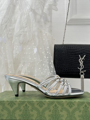 GUCCI WOMEN'S CRYSTAL INTERLOCKING G LAMBSKIN SANDAL SILVER