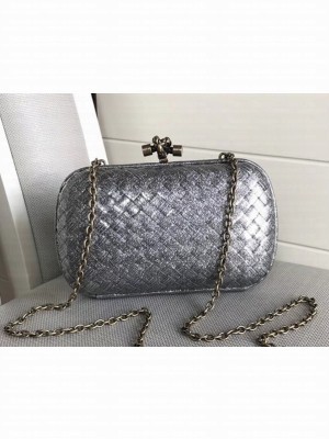 Bottega Veneta Metallic Intrecciato Chain Knot Clutch Silver Grey 