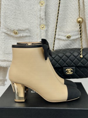 Chanel Calfskin & Grosgrain G45695 Ankle Boots with Bow Beige 2024